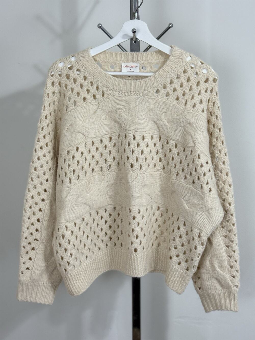Cream Cable Knit Open Stitch Sweater Womens Size M Oversized Crochet Pullover